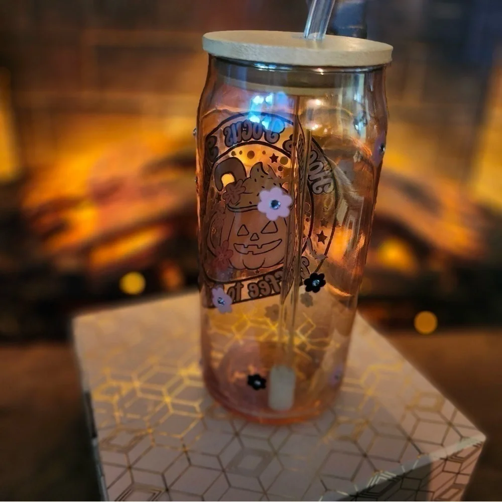 Set of 2 24oz Iridescent glass cups with wooden lid and glass straw. Custom